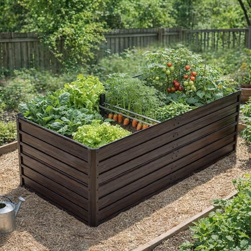 Jardinera grande de metal, 190 x 90 x 64 cm, con fondo abierto, de acero robusto, resistente a la intemperie y a la corrosión, para verduras, hierbas, flores en terraza, balcón, color gris oscuro