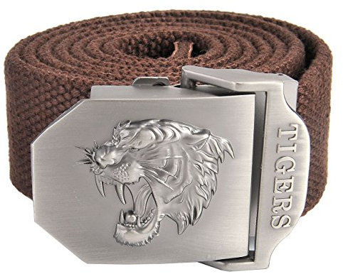 Faletony Herren Militär Gürtel Stoffgürtel mit Tiger kopf Schnalle Leinwand Canvas Jeansgürtel Belts 140cm + Original Geschenkbox