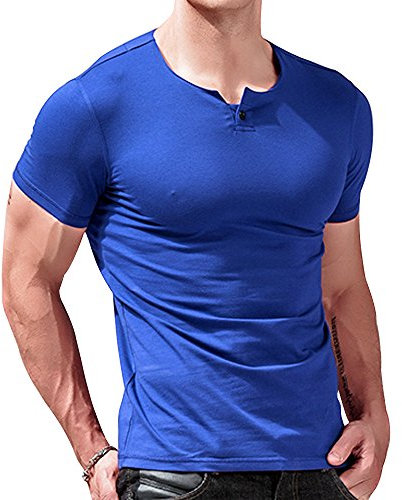 Mens Short Sleeve Cotton Muscle Slim Fitted Sport Henley T-Shirt with Button Blue S