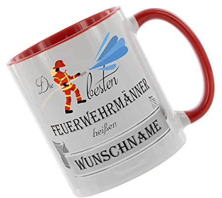 Crealuxe Kaffeetasse 'Die besten Feuerwehrmänner heißen (Wunschname)' personalisiert, Spruchtasse, hochwertige Keramiktasse (Rot)