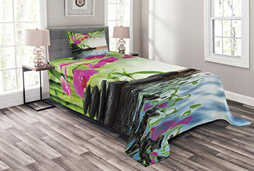 ABAKUHAUS Spa Tagesdecke Set, Bambus-Baum Orchid Steine, Set mit Kissenbezügen Waschbar, für Einselbetten 170 x 220 cm, Lindgrün
