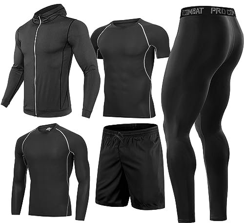 Männer Workout Kleidung Outfit Fitness Bekleidung Fitnessstudio Outdoor Laufen Kompressionshose Shirt Top Langarm Jacke 4PCS oder 5pcs, Schwarz, Gr. XL