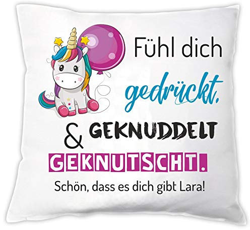 Personalisiertes Kissen Fühl Dich gedrückt, geknuddelt & geknutscht mit Einhorn - Zierkissen mit Namen - Geschenkidee - Beste Freundin
