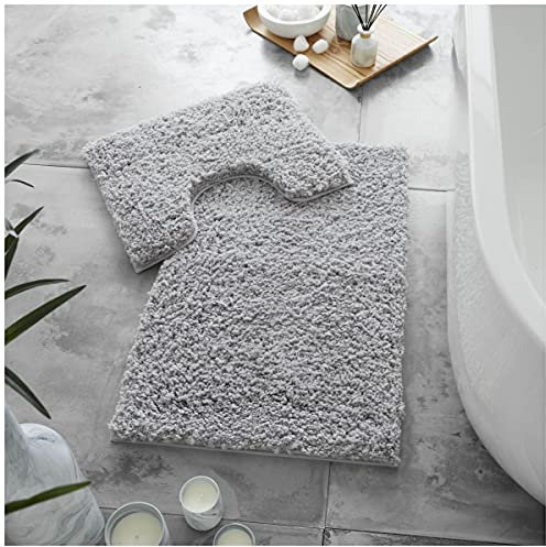 GC GAVENO CAVAILIA Luxury Super Soft 2 Piece Zero Twist Bath Mat Pedestal Set Non Slip, Extra Absorbent 100% Polyester Bathroom Toilet Rug, Regular (50x80, 50x40 cm), Grey