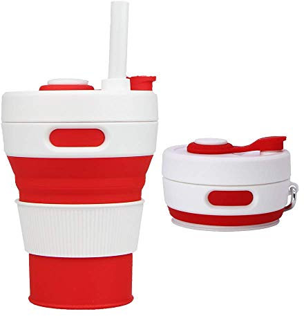 UNNESTAR Collapsible Camping Cup with Straw Silicone Folding Coffee Cup Sport Bottle Portable Travel Outdoor Car 450ml 16oz