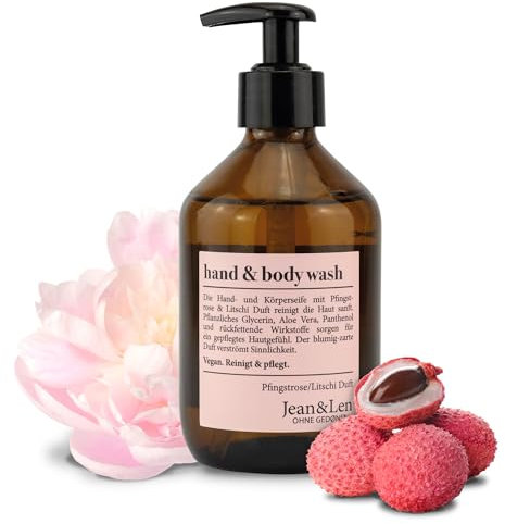 Jean & Len Hand & Body Wash Jabón líquido para manos y cuerpo con peonía y lichi, limpia e hidrata la piel durante los lavados, sin parabenos, siliconas ni microplásticos, vegano, 300 ml