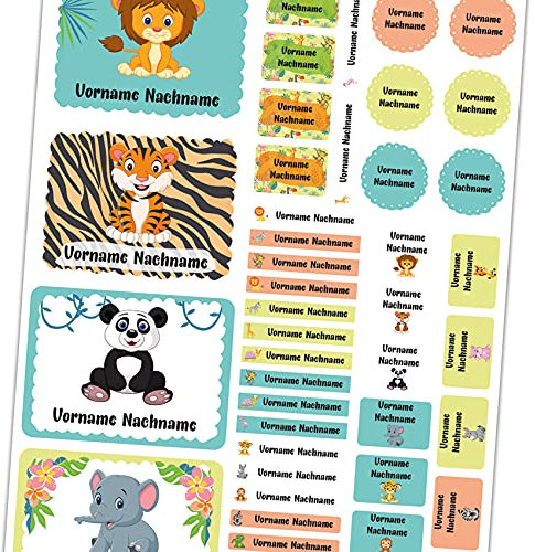 50 x Namensaufkleber mit Wunschname personalisiert Aufkleber Set mit Kinder Name Beschriftung Schule Kindergarten Kleidung Sticker wasserfest (19 Zootiere)