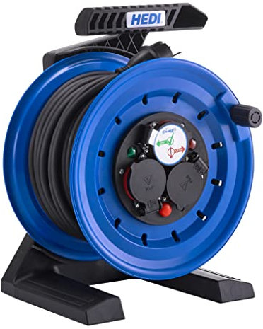 HEDI Vollkunststoff-Kabeltrommel Generation 7 Coworker (Kabeltrommel-ø 250 mm, 25 m Gummi-Leitung H05RR-F 3G1,5 in schwarz, 3-fach Schutzkontakt-Steckdose 250 V) K7B25GTF