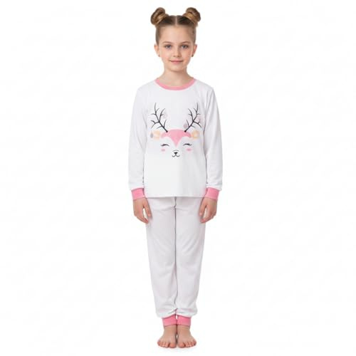 A2Z 4 Kids Girls Christmas Pyjamas 100% Cotton Reindeer Print PJS | 2 Piece Long Sleeve Top Bottom Soft Winter Nightwear Ages 2-13 Years