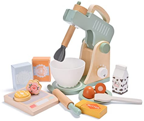 Donmills Play Kitchen Accessories Wooden Mixer Set Pretend Play Food Sets Age 3+ for Kids Kitchen Role Play Toys Blender Bake Cookies Playset Cooking Kitchen Toys for Boys Girls