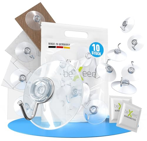 BEXEED Saugnapf Haken 60mm 10 Stück inkl. Vorreinigungstuch - Saughaken extra stark - Saugnäpfe für Fenster Badezimmer Küche Glas Spiegel Fliesen - ohne Bohren (Ø 60mm)
