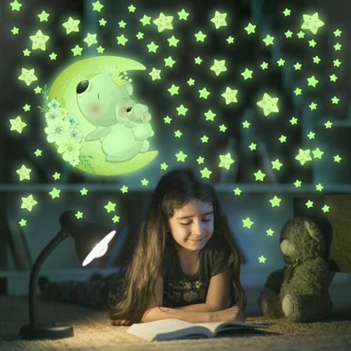 AIYONG Wandtattoo Kinderzimmer Kleiner Bär Leuchtend, Leuchtmond Leuchtsterne Wandaufkleber für Kinder Schlafzimmer Deko, Babybär Leuchtsticker Wandsticker, Wanddeko Geschenk für Babyzimmer