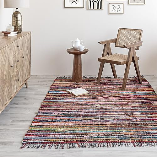 HOMEMONDE Bohemian Chindi Flickenteppich mit Quasten, wendbar, handgeflochtene Baumwolle, recycelte Flächenteppich, buntes Wohnzimmer, Schlafzimmer, Küche und Dekor