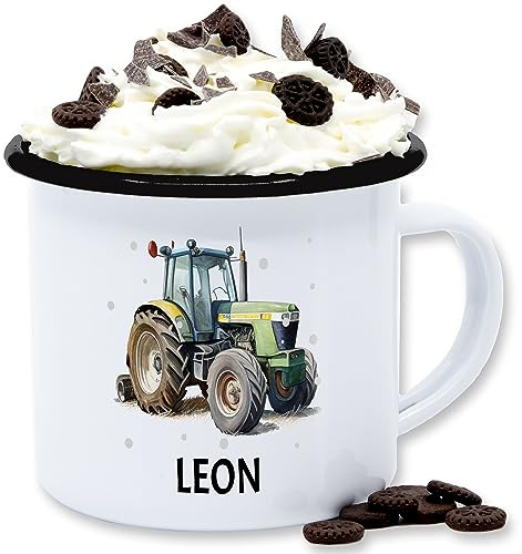 Emaille Tasse Blechtasse - Trecker Name I Trecker Fan I Traktor Geschenk personalisiert I Geschenk Landwirt - 300 ml - Weiß Schwarz - traktoren leon becher bulldog bauer enamel mug landwirtschaft