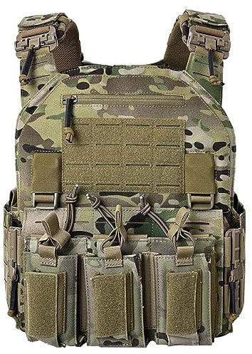 ULIONTAC Taktischer Plattenträger Taktische Weste 1000D Nylon mit 556 Magazintasche Leichte Schutzweste Schnellverschlusssystem MOLLE Kompatibler Plate Carrier für Paintball (Multicam)