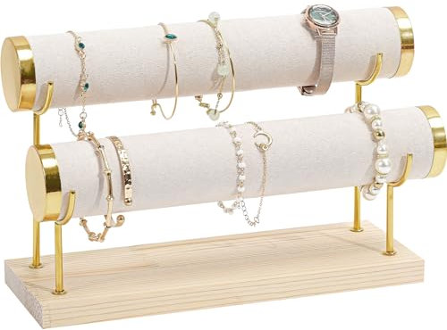 ProCase Support de bracelet à 2 étages en forme de T, amovible, en velours, avec base en bois, pour bracelets, pinces à cheveux, montres - Beige