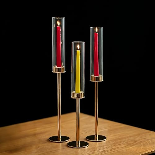 Nuptio Glaszylinder für Kerzen Kerzenhalter Gold: 60 & 55 & 50cm Groß Klarglas Metall Kerzenständer Stabkerzen Stabkerzenhalter Bodenlosen Zylinder Schatten Hochzeit Party Tisch Tafelaufsatz Dekor