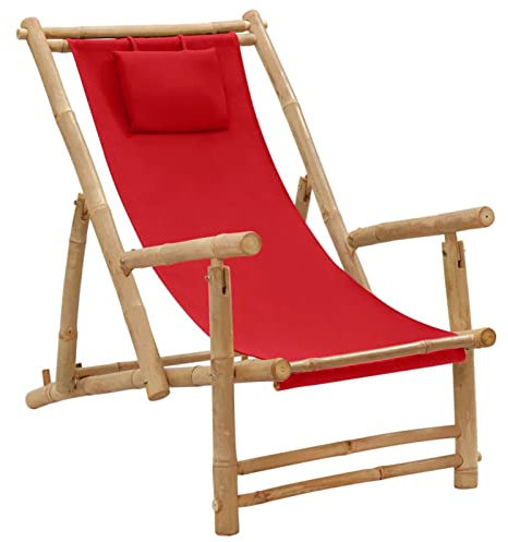 Homgoday Liegestuhl Bambus und Canvas Rot Gartenliege Liegestuhl Balkonliege Strandliege Relaxliege Terrassenliege für Balkon Garten Terrasse