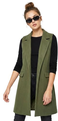 LUXFAB Ladies Front Open Sleeveless Long Duster Coat Waistcoat Blazer Womens Sleeveless Open Front Long Waistcoat Stylish Crepe Pocket Jacket Coat Plus Size UK Size 8-26