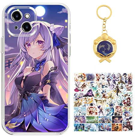 Staremeplz Genshin Impact Hülle für iPhone 15 Pro Anime Spiel Keqing Handyhülle [Mit Schlüsselbund und 50pcs Aufkleber] Cartoons Transparent Silikon Case Hülle für iPhone 15 Pro
