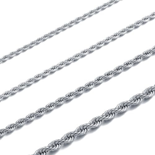 RWQIAN Corde Collier Homme Torsadée Chaîne Argent Maille Spiga Chaîne 65cm Acier Inoxydable Largeur 2mm Femmes Ombilical Collier