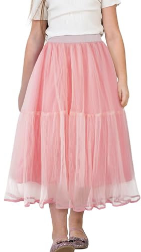 Happy Cherry Jupe en tulle pour fille - Jupe longue en mousseline de soie - Jupe plissée multicouche - Élastique - Taille haute - Lignes A - Jupe midi - 110-160, Rose (01), 120 cm
