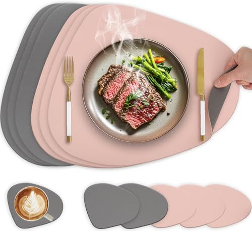Tischsets und Untersetzer 6er Set,Platzsets Abwaschbar und Doppelseitigen rutschfest Platzdeckchen,Tischset Leder Kunstleder,Platzset Lederoptik,Platzdeckchen wasserdicht(Oval,Dunkelgrau/Rosa)