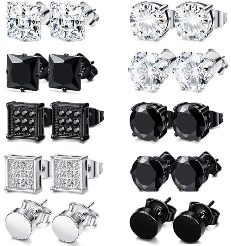 JENCVNL 10 Paar Ohrringe Set für Herren, Edelstahl Männer Ohrstecker Runde Quadrat Ohrringe mit Zirkonia Schwarz Silber Ohr Piercing für Männer Jungen