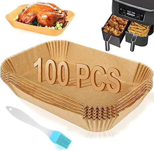 Air Fryer Liners for Ninja Double Stack XL Air Fryer SL400UK, 100PCS Disposable Parchment Paper Liners, Rectangle Air Fryer Accessories for Ninja SL400UK AF400UK and Other Dual Zone Air Fryer + Brush