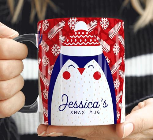 The Whistling Wren Personalised Cute Penguin Mug with Name, Christmas Coffee Cup Hot Chocolate Mug, Personalised Mug & Coaster Set for Her
