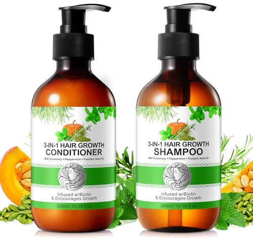 3-in-1-Shampoo- und Conditioner-Set mit Pfefferminz-Rosmarin- und Kürbiskernöl, 2 x 10,56 Unzen Haarwuchs und Anti-Haarausfall, reduziert Frizz und verleiht Glanz für alle Haartypen (#2)