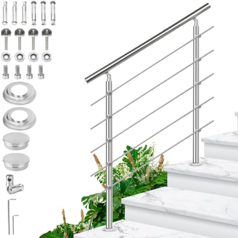 Fiqops Handlauf Edelstahl Treppengeländer Außen & Innen 80 cm mit 5 Querstreben Ø 42mm mit Zubehör, Winkelverstellbar für Treppen Garten Hauseingang Brüstung Balkon