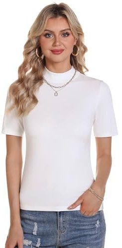Totatuit Women's Summer T-Shirts Short Sleeve Elegant Turtleneck T-Shirt Casual Turtleneck Basic Pullover Slim Fit Soft Sexy White S