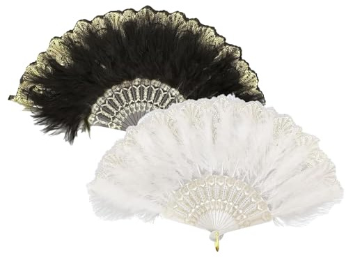 2 Stück Damen Fächer Feder, Fächer Federn, 1920s Vintage Style Folding Handheld Feather Fan Spitzenfächer Fächer Feder für Hochzeit Halloween Party