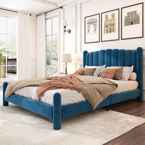 SOFTWEARY Polsterbett mit Lattenrost und gepolstertem Kopfteil, Bezug aus Samt, Doppelbett (blau, 160x200 cm)