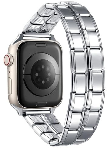 UNY JEWEL 9mm Stainless Steel Italian Charm Bracelet Double Band Compatible for Apple Watch 42mm 44mm 45mm Modular Link Replacement Strap for iWatch Series 9 8 7 6 5 4 3 2 1 SE Ultra for Women Men