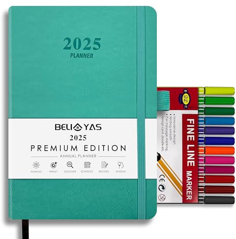 BELIAYAS Terminkalender 2025 A5, Terminplaner Softcover mit PU-Leder, 12-Monate-Kalender (Jan.2025-Dez.2025) mit 12 Farben Fineliner-Stift(0.4mm), 1 Tag 1 Seite, 201 Seiten, Grün