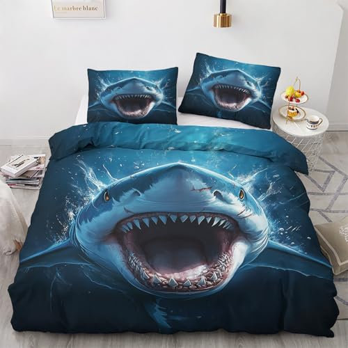 Maohryzed Bettwäsche 135x200cm 2 Teilig Großer Weißer Hai Bettwäsche-Set, Mikrofaser Ozean Tiere Bettbezug Wendebettwäsche 1 Kissenbezüge 80x80 cm mit Reißverschluss