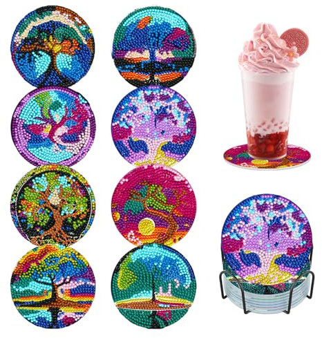 Rongxze 8 Piezas Diamond Painting Posavasos con Soporte, Gato Pintura Diamante Posavasos, árbol de Vida Artesanía de Diamantes Posavasos Corcho para Tazas