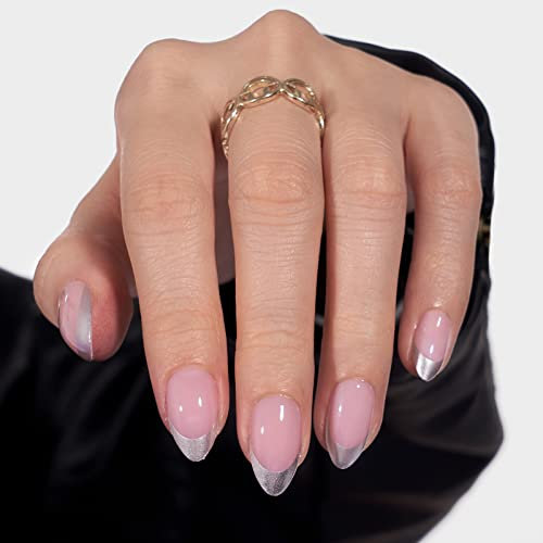 BTArtbox French Tip Press On Nails - 32 PCS Mandel Kunstnägel, Perfekte Passform & Natürliche Wiederverwendbare Silberne Kontur Weiche Gelnägel mit Nagelkleber und Geleekleber in 16 Größen, Rock Me