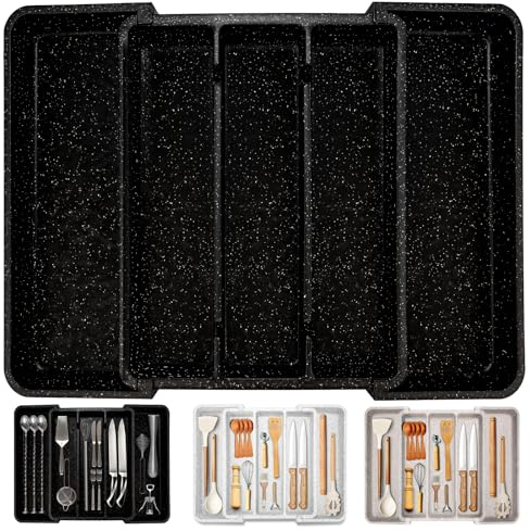 ICHROSAYA Utensil Drawer Organizer for Kitchen Cutlery, Expandable Large Silverware Organizer, Adjustable Cooking Utensil Tray, Plastic Spatula Tools and Gadgets Storage Divider, Marble Design, Black