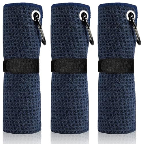 xuefenfei 3 Stück Mikrofaser Golf Handtuch, Golfhandtuch, Golf Zubehör, mit Karabiner-Clip, Golf Reinigungstuch, 41 * 30cm, Saugfähig, Schnelltrocknend und Geruchsneutral, Waffelmuster (Marineblau)