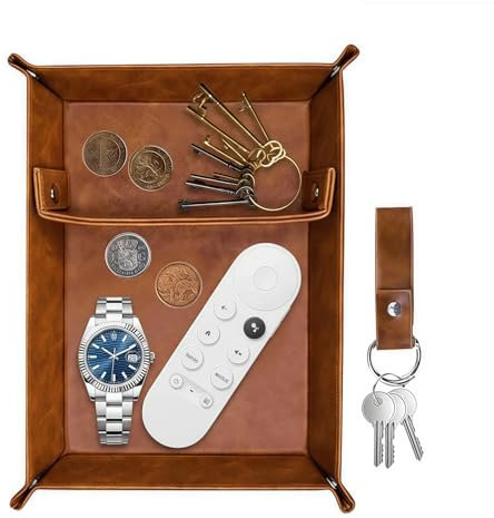 XINHAITC Valet Tray Desktop Storage Organiser Bedside Organiser Catchall Tray PU Leather Tray Holder with Removable Dividers, Store Keys Wallet Phone Glasses Coin Jewelry,Fathers Day Gift