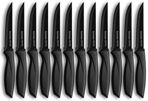 Ruffulon Steak Knives Set of 12,Serrated Edge Stainless Steel Table Knives,Ultra-Sharp Steak Knife with Ergonomic Handles,Black Kitchen Knife Set for Home/Restaurant,Dishwasher Safe,Rust-Proof