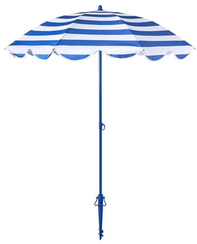 Parasol de Plage Rayé Bleu Blanc, Portable Parasol de Jardin, UPF50+ Parasol Balcon avec Crochet et Sac, sans Base