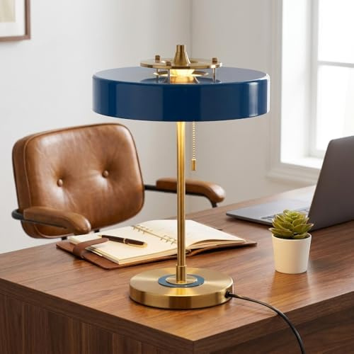 BARCELONA LED Tischlampe Design GADSBY Blau & Gold Mid Century Modern 3x E27 ohne Leuchtmittel Vintage Schreibtischlampe mit Kettenzug Schalter Ambient Licht Wohnzimmer Schlafzimmer