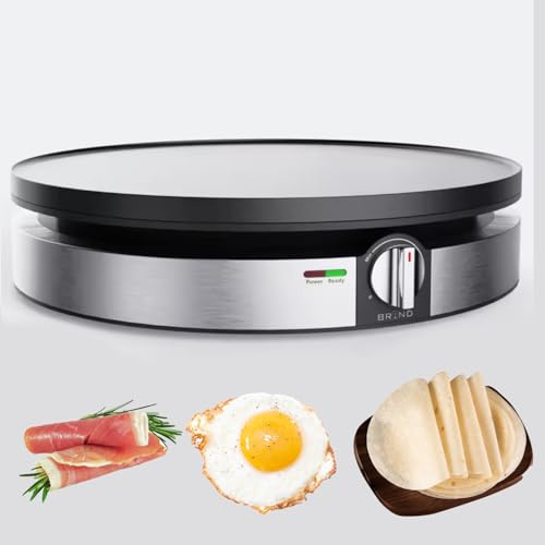 Crepiera elettrica con controllo termostatico, pulsante rotante meccanico e vano portacavo per preparare facilmente pancake, bistecche, pollo e pizza.