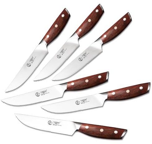YARENH Couteaux à Steak 6 Pièces, Lames Dentelées Ultra-Tranchantes en Acier Inoxydable Allemand 1.4116, Manche Bois Naturel, Couteau a Viande, Pour Table et Cuisine, Idée Cadeau