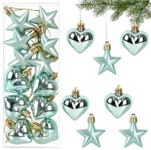 12er Weihnachtskugeln Sterne & Herz Set,Christbaumanhänger Seeblau Weihnachtsbaumschmuck Bruchsicher,Kunststoff Christbaumkugeln Ø 5 cm Christbaumschmuck