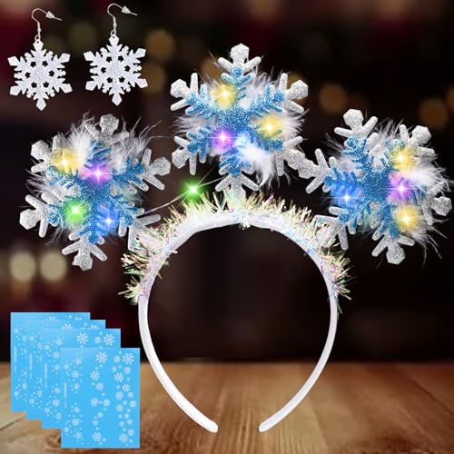 SOETDERT LED Weihnachts Haarreif Schneeflocken, Leuchtend Weihnachts Haarschmuck mit Feder Schneeflocken, Haarreifen Weihnachten Led Kopfschmuck, Weihnachtshaarreif für Erwachsene Weihnachten Party